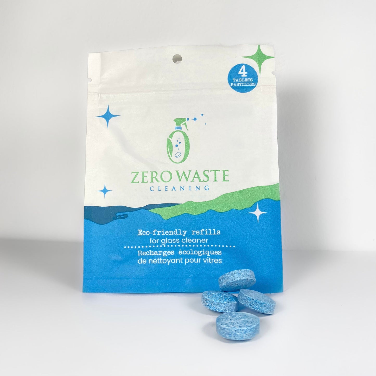 0wastecleaning Glass cleaner refill - pack of 4 zero waste-sustainable-refill tablet  magasin zero dechet a Montreal vegan cleaner-pet friendly cleaner